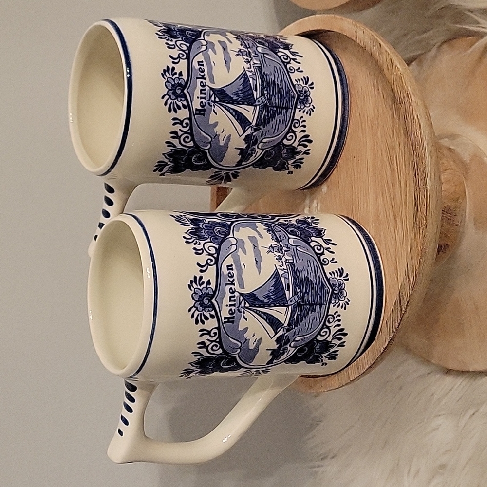 Heineken Delt Blue hand painted vintage porcelain beer steins 16fl oz gtly lvd